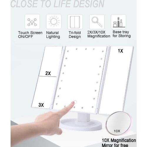 Vanity Makeup Mirror with 22 LED Lights, 1x/2x/3x/10x Magnification, Touch Dimmer Switch,360 Degree Rotation, USB Power