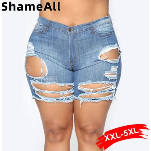 Plus Size Street Ripped Big Holes Denim Shorts 4XL Summer Sexy striped hollow out Club Outfits Fringe Tassel Hem Short Jeans
