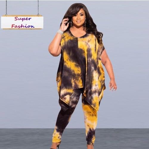 L-4XL 2021 summer women plus size two piece set fashion tie dye short sleeve top and pant 2 piece outfit Wholesale Dropshipping