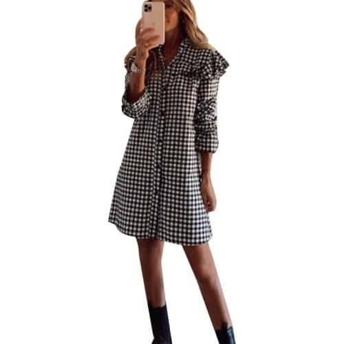 Houndstooth Plaid Printed Button Up Shirt Short Dress Womens Autumn 2021 Ruffles Turn-down Collar Elegant Ladies A-line Dresses