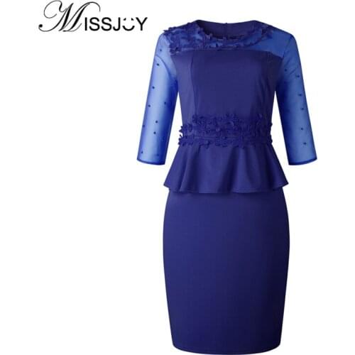 MISSJOY Diamonds Mesh Sleeves Pencil Midi Ruffle Office Dresses Women Patchwork Flower O-Neck 2019 Autumn Work Solid Color Femal