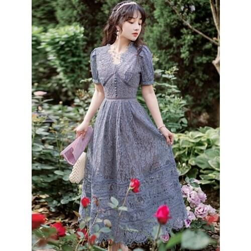 Make spot French wind restoring ancient ways haze blue hubble-bubble sleeve fairy lace dress very