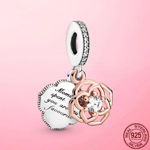 2021 New 925 Sterling Silver Two-tone Rose Flower Dangle Charm Beads fit Original Pandora Bracelet DIY Jewelry Mothers Day Gift