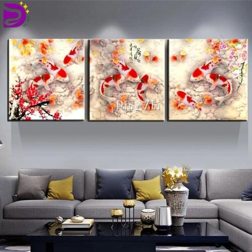 5D DIY Diamond Painting Full Square Round Koi Fish Animal Cross Stitch Kit Plum Blossom Embroidery Mosaic Chinese Style Triptych