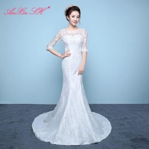 AXJFU princess white flower lace mermaid wedding dress vintage o neck illusion turkey half sleeve trumpet wedding dress