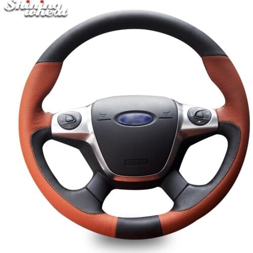 Shining wheat Black Brown Genuine Leather Car Steering Wheel Cover for Ford Focus 3 2012-2014 KUGA Escape 2013-2016 C-MAX
