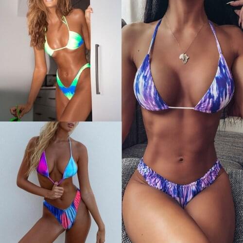 HOHL Women Tie dye split bikini High Waist Bikini Push Up Swimwear Two Piece Swimsuit