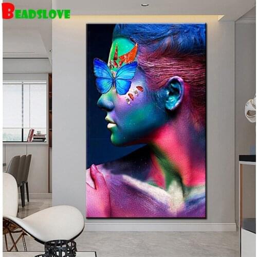 Diy diamond painting colored woman mosaic diamond crystal painting full square round diamond embroidery Butterfly face wall art