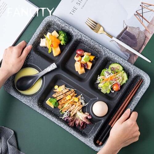 FANCITY Japanese-style ceramic grid plate for one person dinner plate divided meal system household dividing plate adult tablewa