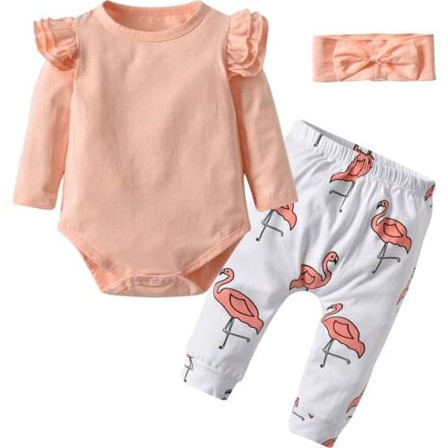 Hot Sale Newborn Baby Girl Clothes Set Solid Color Cotton Romper Tops Animal Print Long Pants Headband 3Pcs Outfits Clothes