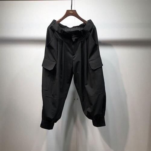 Summer big fashion mens dark black loose and thin Multi Pocket tooling Leggings Harajuku style casual Capris fashion