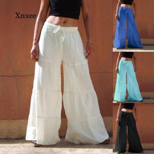 Summer Womens Casual Ruffled Loose Pants Ladies Large Size Pure Color Folded Wide Leg Pants Flared Pants Beach Pants