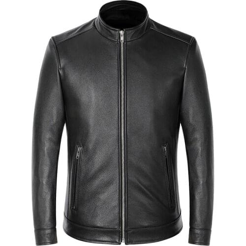 Mens Black Genuine Leather Slim Fit Short Style Top Motorcycle Biker Jacket Stand Collar Cowhide Coat