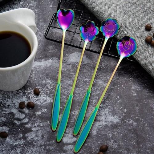 Stainless Steel Spoon Long Handle Flowers Heart Shape Ice Tea Coffee Spoon Dessert Spoon Kitchen Drink Tableware