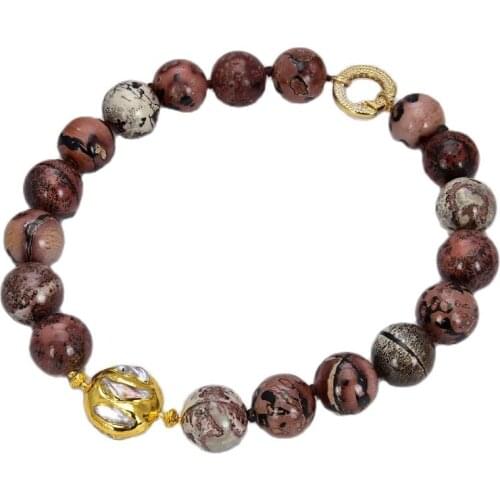 GG Jewelry 22MM 19'' Smooth Round Picture Jaspers Stone Natural Black Keshi Biwa Pearl Golden Beads Necklace CZ Clasp