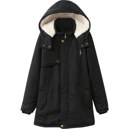 Large size womens coat fashion winter warm pocket button zipper female jacket long sleeve hoodie coat outwear top