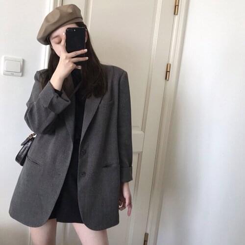 New Suits Female Vintage Autumn Notched Collar Plaid Women Blazer Breasted Jacket Casual Pockets Womens Suits Coat Blazers Suits