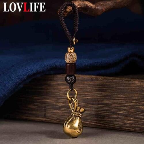Retro Copper Money Bags Keychain Pendant Jewelry Handmade Braied Rope with Wooden Bodhi Bead Lucky Car Key Chain Lanyard Hanging
