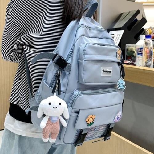 Student Female Cute Backpack Linen Women Fashion School Bag Harajuku Girl Kawaii Backpack Canvas Lattice Ladies Bag Pendant 56