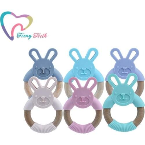 Teeny Teeth 5 PCS/set Baby Teether Silicone Rabbit Shaped Teething Toys Beech Wood Ring Food Grade Baby Bed Hanging Rattles Toys