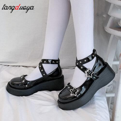 Lolita Shoes cute Star Buckle Mary Janes Shoes Women Cross-tied Platform Shoes Patent Leather Girls Shoes Rivet Casual Shoes