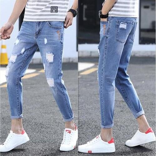 Spring summer 2020 new washing hip hop ripped hole street jeans mens Slim Korean harem mens pants feet students beggar pants