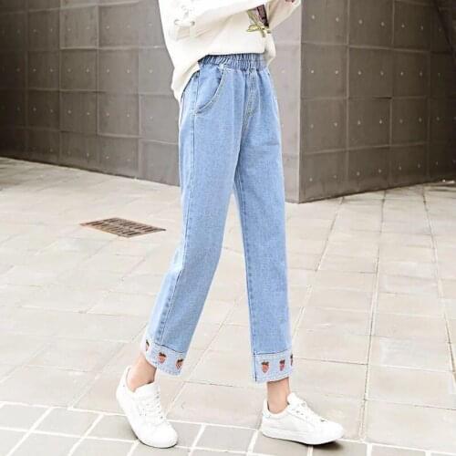 Embroidery Sweet Jeans Women Student Casual Ankle-Length Loose Pants Spandex Straight High Waist Pocket Denim Trousers