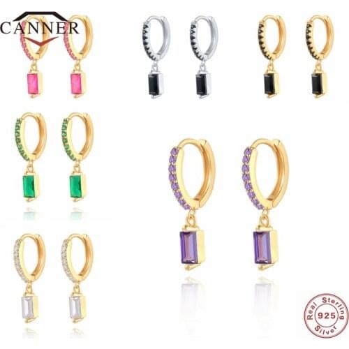 CANNER Luxury Square Black Rainbow Zircon 925 Sterling Silver Round Hoop Earrings for Women Huggie Earring Jewelry Pendients