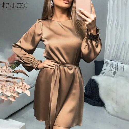 Womens Fashion Satin Mini Dress ZANZEA Elegant Solid Vestido Lady Casual Long Sleeve Work Dresses Party O Neck Drawstring Robe