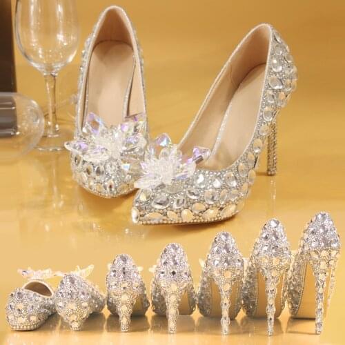 Silver Crystal Wedding Shoes Rhinestone Pearl Beaded Women Pumps Pointed Toe High Heel Party Banquet Evening Dress Bridesmaid