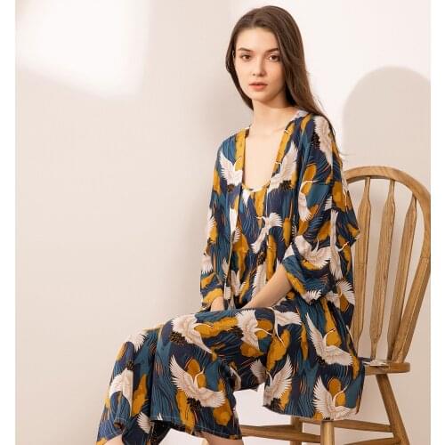 Fanceey 3 Pcs Women Pajamas Set Viscose Floral Printed Female Pyjama Loose Sleepwear Nightwear Spring Summer Lounge Wear