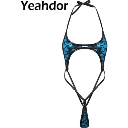 Women One-piece Monokini Swimsuit Shiny Metallic Halter Neck Mermaid Fish Scale Printe Micro Mini Thong Bodysuit Bikini Lingerie