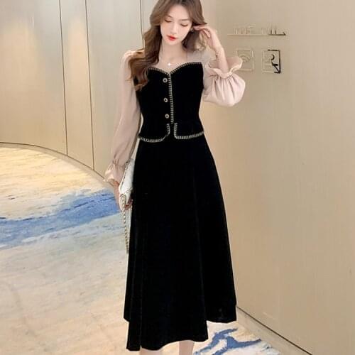 Vintage Black Velvet Party Dress Women Elegant Temperament Chiffon Long Sleeve Splicing Female High Waist A-Line Dress Vestidos