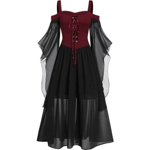 Women Halloween Gothic Punk Plus Size Lace Dress Cold Shoulder Bat Sleeve Vintage Dress Girls Long Party Dress Dress Women Witch