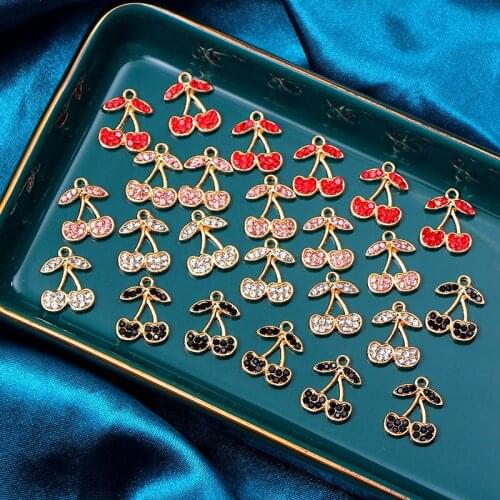 10Pcs Gold Color Crystal Cherry Pendant Shining Rhinestone Fruit Charm Accessory Designer Charms For Necklace Bracelet In Bulk
