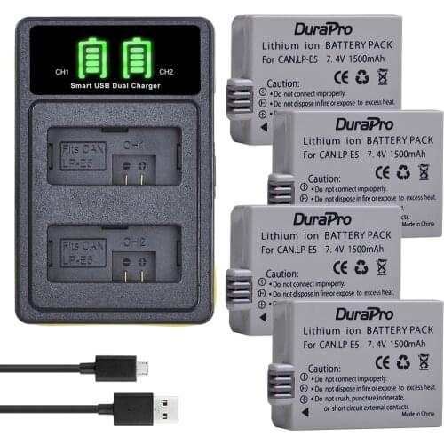 4x 1500mAh LP-E5 LP E5 Battery + USB Charger with Type C Port & USB Cable For Canon 500D,450D, EOS Rebel T1i, XS, XSi,Kiss X3