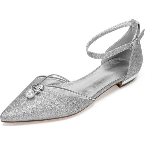 Bling elegant pearl flower shape crystal charm lady glitter dress flat shoes sweet pointed toe flats bridal wedding prom party