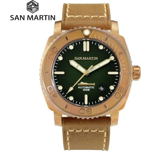 San Martin CuSn8 Bronze Luxury Retro Automatic Mechanical Men Watch Sapphire 30ATM Waterproof Cowhide Strap BGW9 Luminous Watch