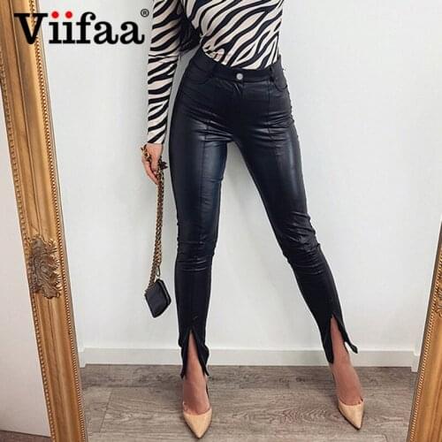 Viifaa Black Faux Leather Zipper Split Hem Slim Trousers Women Autumn Winter Mid Waist Skinny Streetwear Pants