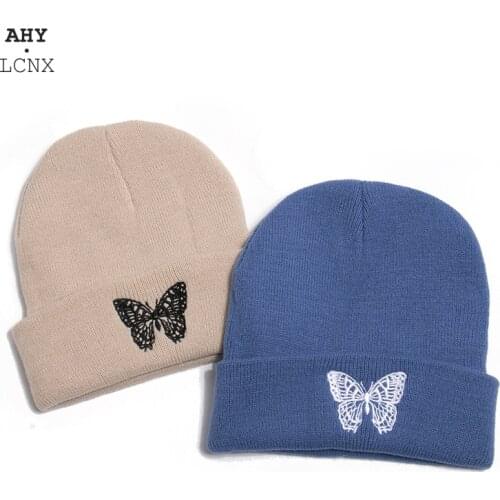 Korean Winter Knitted Beanie Hats Butterfly Embroidery Warm Ski Womens Hat Outdoor Skullies Caps Soft Cap Bonnet Men Women