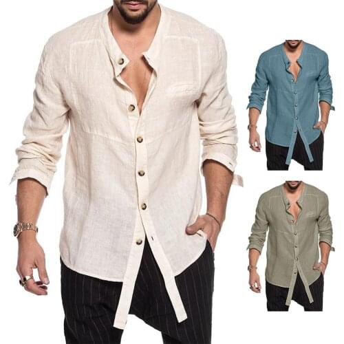 Men Linen Shirt Casual Solid Color Long Sleeve Stand Collar Single-breasted T-shirt Shirt Male Oversized Vintage Tops Plus Size