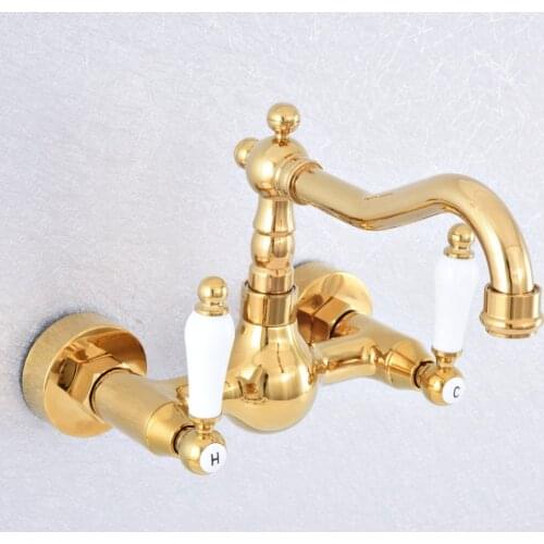 Polished Gold Color Brass Wall Mounted Double Ceramic Handles Bathroom Kitchen Sink Faucet Mixer Tap Swivel Spout asf607