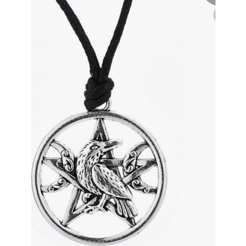 Raven Moon pentagram necklace spiritual pagan jewellery set on a waxed cord
