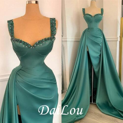 Stunning Green Evening Gowns Pleats High Side Split Mermaid Prom Dresses Crystal Beaded Custom Made Robe De Soirée 2021