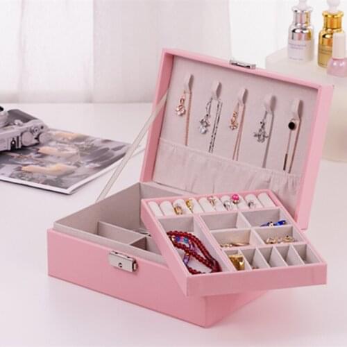Womens Jewellery Box Double Layer with Key PU Leather Jewellery Container for Rings Earrings Necklace Bracelet Hairpin H88F