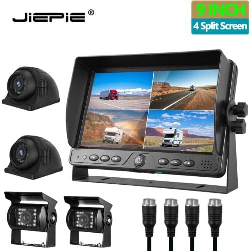 9'' Quad Split Monitor Parking Camera System, 4CH Quad Split Screen Monitor with Front Side Rear Camera for Truck Heavy Truck