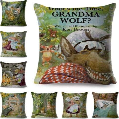 Fairy Tale Cushion Cover Decor Cartoon Grandma Wolf Story Pillow Case for Children Room Sofa Home Polyester Pillowcase 45x45cm