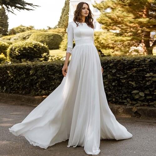 Modest Satin and Chiffon Bridal Gowns 2021 Elegant Three Quarter Sleeve O-neck A-line Wedding Dress Custom Made