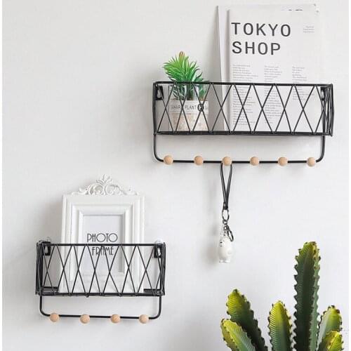 Home Decoration Rack Wall Mount Storage Shelf Key Hook Wrought Iron Grid Wall Mount Wall Mount Storage Rack