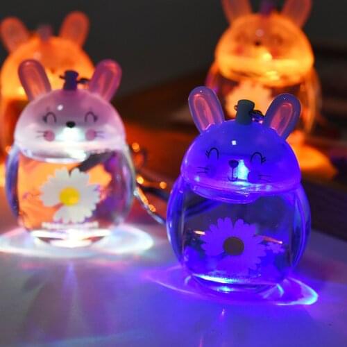 Glowing Cute Bunny Keychain Liquid Floating Bottle Keyring Backpack Pendant Charm Acrylic Keyfob for Women Girl